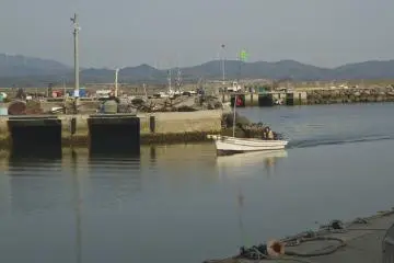 바다에서 아침부터; 풍차가 산을 가로로 뻗어 있다