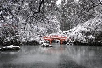 <p>สีแดงของสะพานเพื่อข้ามไปยัง Bentendo Hall ตัดกับสีของหิมะ</p>


