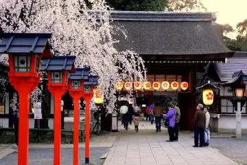 <p>Red wooden lanterns beside the path</p>