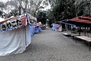 <p>แผงลอยที่ยังไม่เปิดเรียงแถวตามทางเดินจากถนนมายังศาลเจ้า</p>