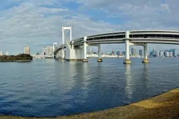 <p>Backside of The Third Daiba, a panoramic view of the Rainbow Bridge and the city of Tokyo in the background. You can also see Tokyo Tower between the two large columns of the bridge.</p>