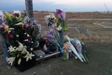 <p>Flowers left on top of the hill in hopes of peace for those that are no longer here. In the background where houses once stood: nothing.&nbsp;</p>