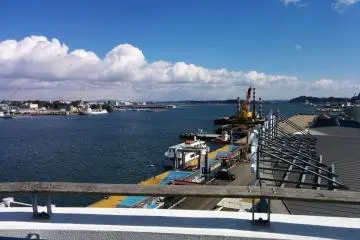 <p>The port scenery as seen from outside a second floor restaurant. Many restaurants offer tables with a view.</p>