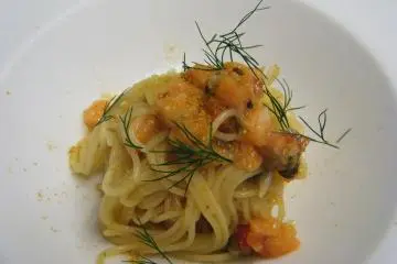 <p>Capellini with Salmon and Karasumi</p>
