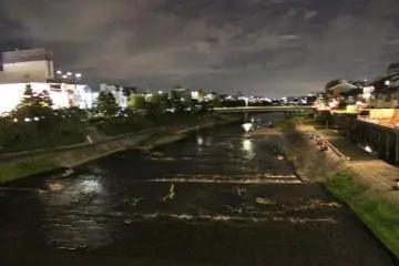 Looking south down the Kamogawa river from the Shijo area, couples can be seen spaced out along the river bank.