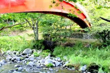 <p>The red bridge over the shallow rushing waters gives a perfect contrast to the green surroundings</p>
