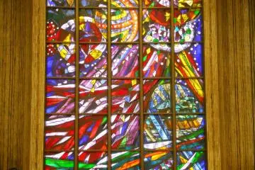 Stained-glass art displayed at JR Sendai Station. Samurai drawn at upper left is Date Masamune, the first lord of the Sendai Han
