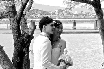 <p>A handsome Chinese couple posing for wedding photos right in front of my cafe</p>
