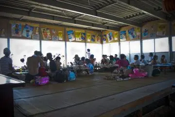 <p>One half of the beach house, windows all around</p>