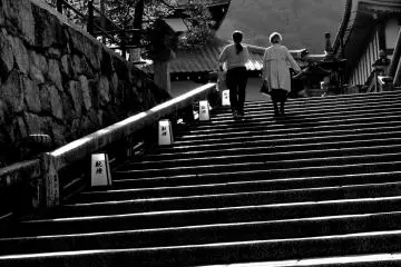 Climbing the steps to Kiyomizudera in the early morning light