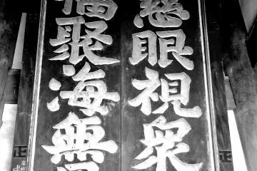 <p>This huge impressive sign was hidden up among the rafters inside the temple. I asked some Japanese what it said but they couldn't read it! If anybody knows, please let me know!</p>