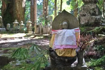 <p>Okunoin is Japan's largest cemetery, housing over 200,000 grave markers and memorials. &nbsp;A common sight along the walking trails are Jizo figures. &nbsp;Jizo is a protector of travelers and the weak, particularly children. &nbsp;Children who die before their parents are sent to "limbo", and parents care for these Jizos to placate their children in the afterlife.</p>