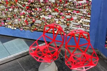 Yumi Katsura Lover's Sanctuary atop the Floating Garden Observatory. Couples can purchase heart shaped locks, make wishes for a blissful marriage &amp; wonderful future, and hang them here forever.