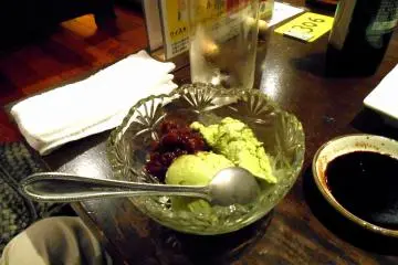 <p>Matcha (green-tea) Ice Cream with boiled &amp; sweetened red bean</p>