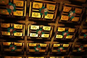 The ceiling of the Yashamon gate, which highlights the peony theme that the gate is known for.