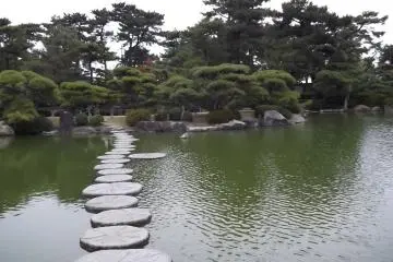 It's fun to cross the lake by these stepping stones