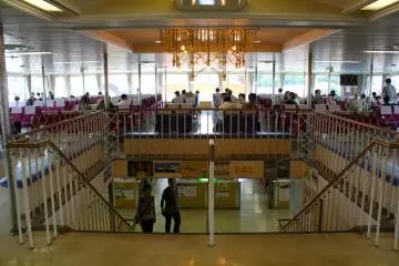 A view of one of the larger seating areas on the upper deck of the ferry.