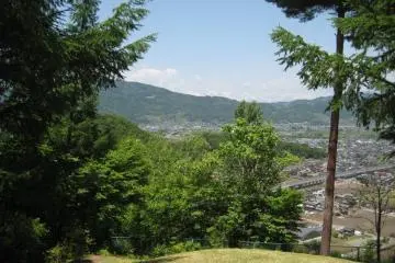 View west toward the Japan Alps. Part of the shinkansen&nbsp;line can be seen between the trees.