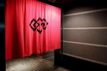 Stylish red noren curtain of 'Beef MIKAKU'