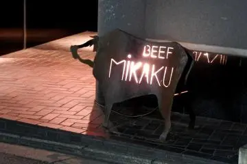 Bronze ornament in front of 'Beef MIKAKU'