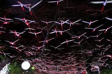 <p>A million cranes hang above your head as you walk along the walkway.</p>