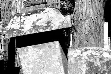 <p>This stone is partially tipped over, perhaps due to the shaking of an earthquake</p>