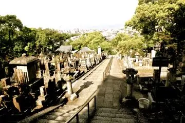 <p>At the base of the pagoda, looking down on the cemetery and the city of Kyoto</p>
