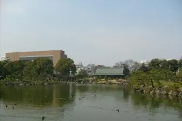 <p>The view across the pond to the Taisho Kinenkan</p>