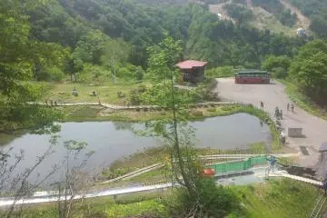 <p>Slide in the playground with cable car to GALA behind</p>