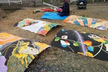 <p>Some of the more artistic kites are displayed by this veteran festival participant and kite collector</p>