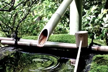 <p>As the water slides down out of the bamboo into the fountain, we hear a soft drip, drip, drip</p>