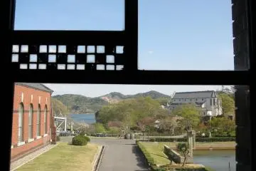 <p>Looking out at Meji Mura from a Frank Lloyd Wright designed window</p>