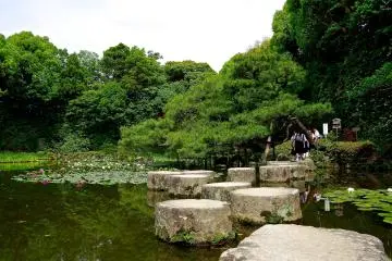 <p>Stepping stones created from the legs of old bridges</p>