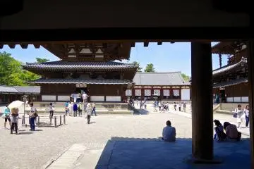 <p>View of five-story pagoda and Ko-do Hall from the cloister</p>