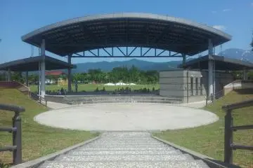 <p>The stage and performance area with its shade-giving roof</p>