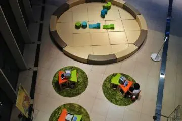 <p>The kids playing area from the top, with many books, tablet devices etc.</p>