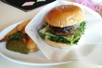 <p>Teriyaki burger lunch set with chunky fries and a pickle</p>