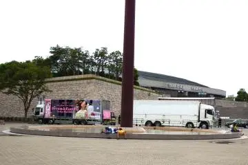 <p>Walk straight and you'll see the big Osakajo Hall (Osaka Castle Hall). When I went, there were huge cargo trucks on which the poster of Seiko Matsuda, the famous Japanese pop singer, was put up. Her concerts were schedulded to be held at the Osakajo Hall</p>