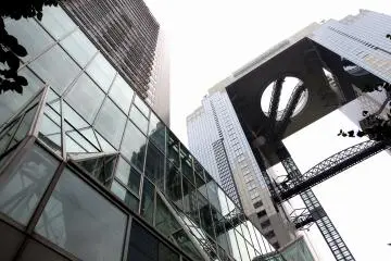 Looking up at the Westin Osaka and Umeda Sky Building from the ground