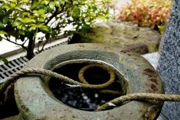 <p>A coil of rope in a stone water basin</p>
