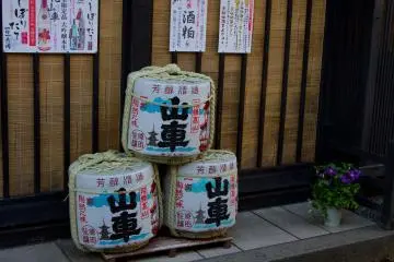 Sake barrels in front of specialized shops.&nbsp;Takayama is famous for its tasty sake.