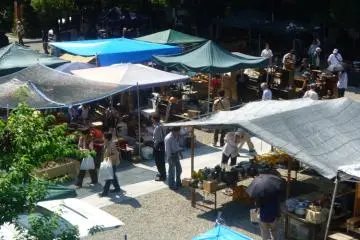 Sun shaded stalls at Osu's twice monthly antiques fair.