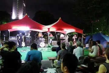 <p>On the other side of the castle ruins a local pop band was playing</p>