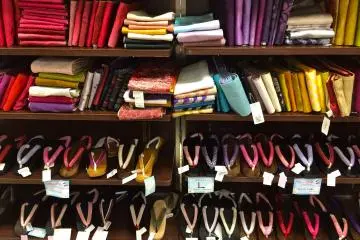 The large, colorful selection of Obi's and Geta's at Marui City Shibuya.
