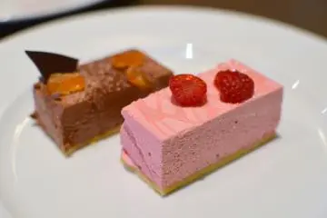 <p>Tea infused Chocolate mousse and Cranberry mousse</p>