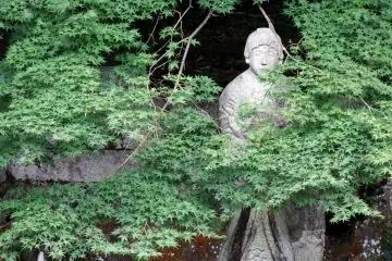A statue of some sort (Goddess of Mercy?) was standing in a corner of the stream as though it was hiding behind green leaves