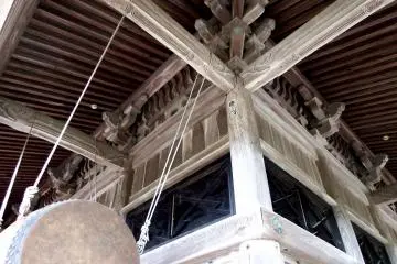 <p>Buddhist drum hanging from the ceiling outside the main temple building</p>