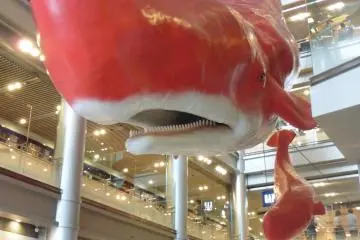 <p>The two huge whales floating above the lobby</p>