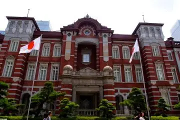 <p>Outer fa&ccedil;ade of Tokyo station, with Japanese flags in the wind</p>