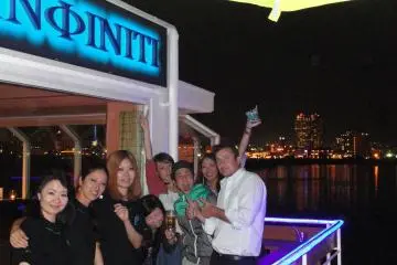 <p>Staff with friends on the back corner part of the patio</p>